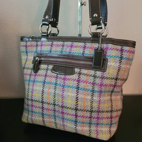 Coach Penelope Tattersall Plaid Wool Tweed Leather Handbag - Picture 2 of 13